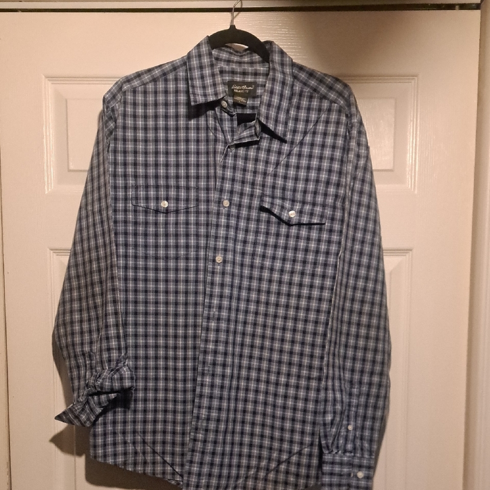 💦Eddie Bower Mens Navy Checkered Dress Or Casual Shirt Perfect Wit Denim   Jean